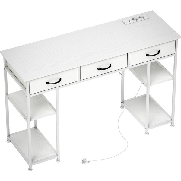 Homcom Bureau Avec Rangement Avec Prises De Courant, 3 Tiroirs En Tissu Et 4 éTagèRes De Rangement, 120 X 40 X 76 Cm, Blanc-image