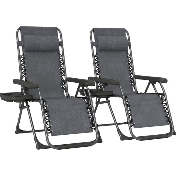 Outsunny Zero Gravity Chairs Set of 2, Folding Sunloungers Reclining Garden Chairs with Cup Holder, Headrest, Dark Grey