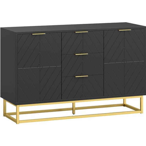 Homcom Buffet Design Contemporain Graphique 2 Placards Porte éTagèRes RéGlables 3 Tiroirs Coulissants En Bois Noir MéTal Doré-image