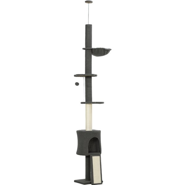 PawHut Kratzbaum Deckenhoch 200-240 cm höhenverstellbar Katzenbaum mit Hängematte, Höhle, Kratzstamm, Rampe, Sitzstangen, Katzenkratzbaum für Katzen unter 5 kg, Dunkelgrau Aosom