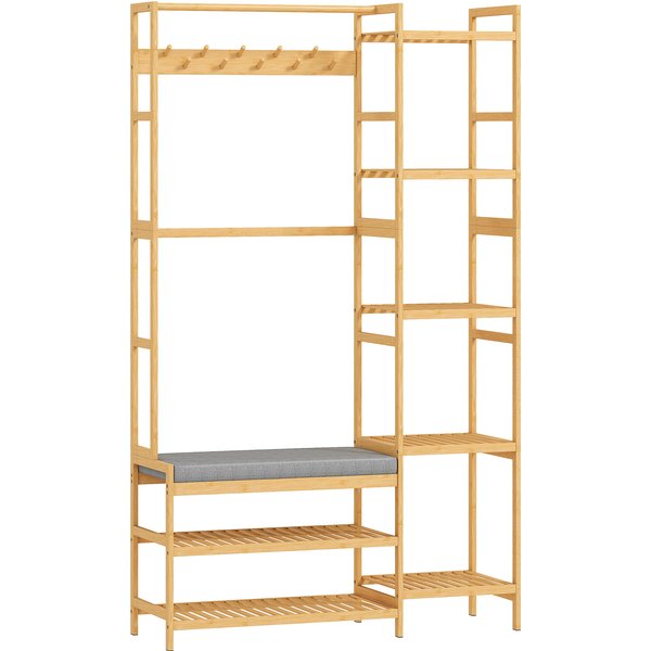 Homcom Porte-Manteaux Avec éTagèRe à Chaussures, Crochets, Porte-Manteaux, Banc Avec Coussin, Pour Couloir, EntréE, Bois Naturel-image