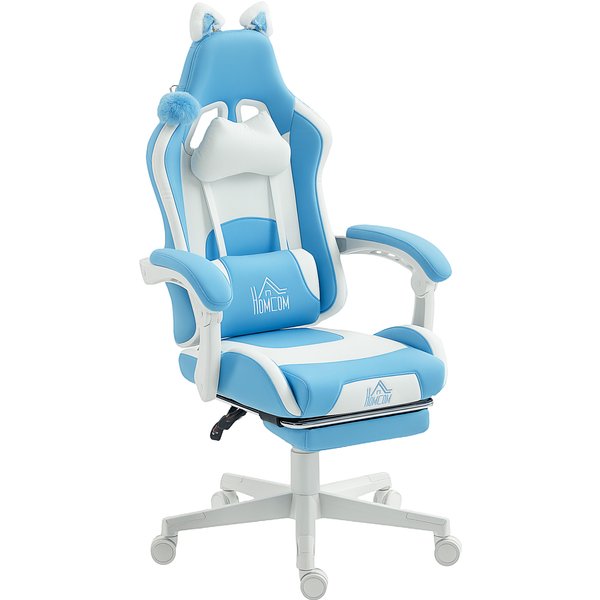 HOMCOM Gaming-Stuhl, Ergonomischer Gamer-Stuhl mit Lendenwirbelstütze, Fußstütze, Gaming-Sessel mit Katzenohren, Kopfkissen, Höhenverstellbar Bürostuhl mit Liegefunktion, Kunstleder, Hellblau Aosom