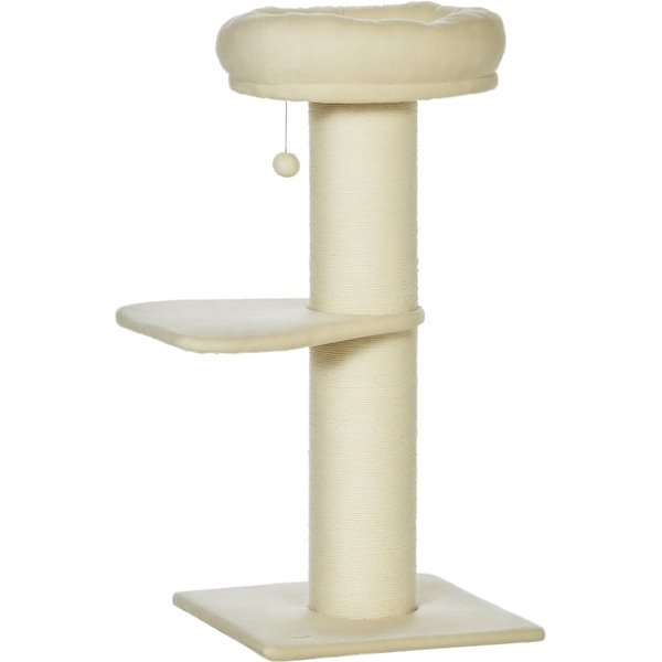 Pawhut Design Arbre à Chat Beige Griffoir Sisal Avec Lit, Plateforme & Pompon En Peluche - IdéAl Pour DéTente Et Jeu Aosom France-image
