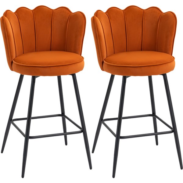 HOMCOM Set of Two Velvet-Feel Lotus Bar Stools - Orange