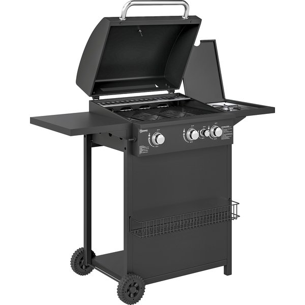 Outsunny Barbecue Gaz 3+1 BrûLeurs En Acier, Puissance 9,5 Kw, Barbecue De Jardin 2 Grilles éTagèRes LatéRales, 2 Roues, Noir-image