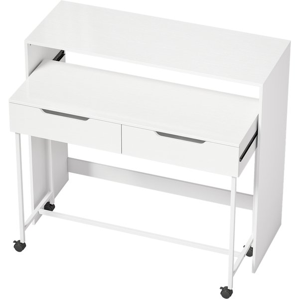 HOMCOM Ausziehbarer Computertisch 100 cm mit 2 Schubladen, Schreibtisch mit Stauraum, Rollen, Modernes Design, Edelstahlfüße, Arbeitstisch für Wohnzimmer, Zuhause, Kleine Räume, Weiß Aosom
