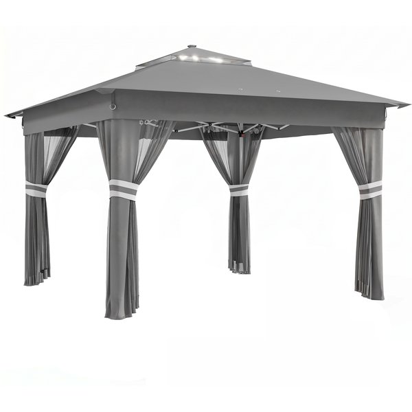 Outsunny Faltpavillon ca. 3 x 3 m, Pavillon mit LED, 4 Netzvorhängen, Seitenwand, Gartenpavillon mit Wassersack, Doppeldach, Tragetasche, Dunkelgrau Aosom