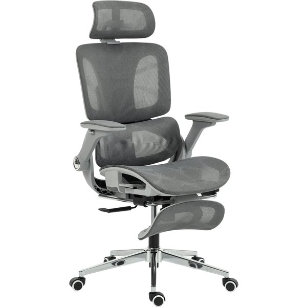 HOMCOM Ergonomischer Bürostuhl, Hoher Mesh-Rücken mit separater Rückenlehne, 4D klappbare Armlehnen, verstellbare Kopfstütze, Lendenstütze und Sitztiefe, Fußstütze für Homeoffice, Grau Aosom