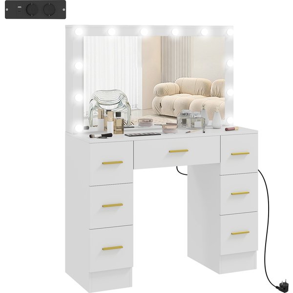 HOMCOM Schminktisch mit 12 LED-Leuchten, Kosmetiktisch mit Spiegel, Frisiertisch mit 7 Schubladen, 6 versteckten Schiebefächern, für Schlafzimmer, Weiß Aosom