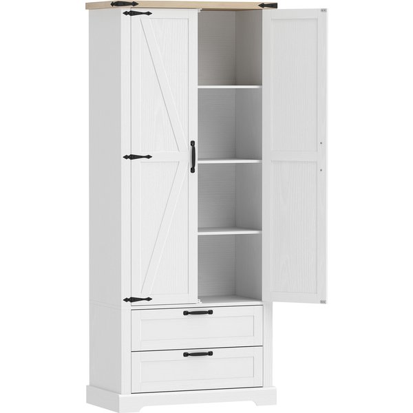 Homcom Buffet Haut Cuisine, Armoire De Cuisine Avec 2 Portes, 2 Tiroirs, éTagèRes RéGlables, Style Rustique, 76X40X180Cm, Blanc-image