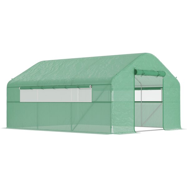 Outsunny Serre De Jardin 4 X 3 X 2M Avec Portes Enroulables Et Grandes FenêTres, Serre Tunnel De Jardin, Vert-image