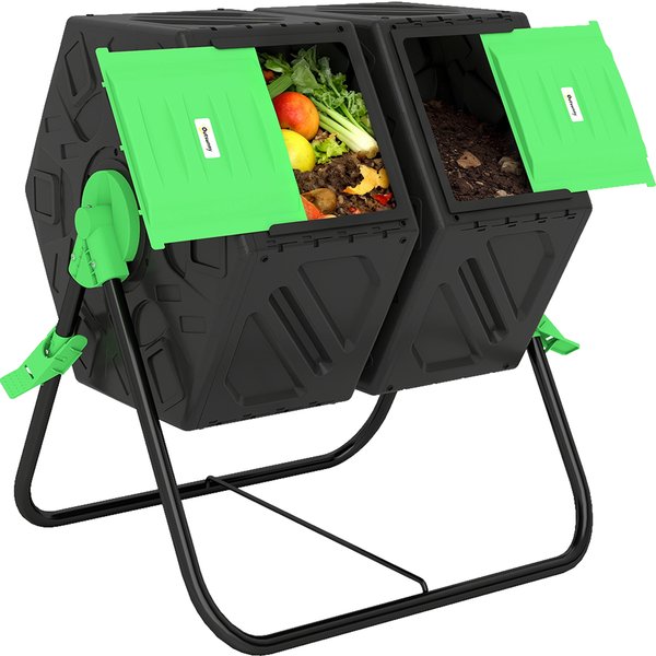 Outsunny Composteur De Jardin Bac à Compost Pour DéChets Rotatif 360° Double Chambre 160 L Acier Pp 67 X 60 X 77 Cm Noir Aosom France-image