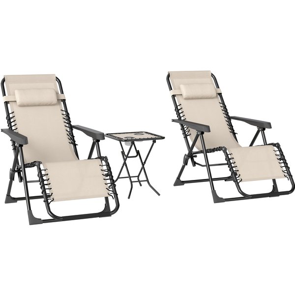 Outsunny Gartenliege Set 3-TLG. Klappbar Sonnenliege mit Teetisch 2 Stühle Kopfkissen, Outdoor Liege wetterfest Relaxliege Liegestuhl aus Metall Strandliege für Garten, Terrasse 90x56x110 cm Beige Aosom