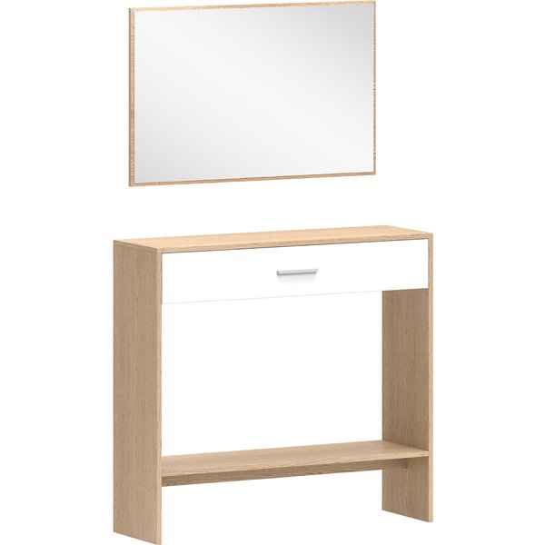 Homcom Console Meuble + Miroir, Table Console éTroite Avec Tiroir Et éTagèRe, Style Moderne, 91,5 X 27,9 X 85,5 Cm, ChêNe-image