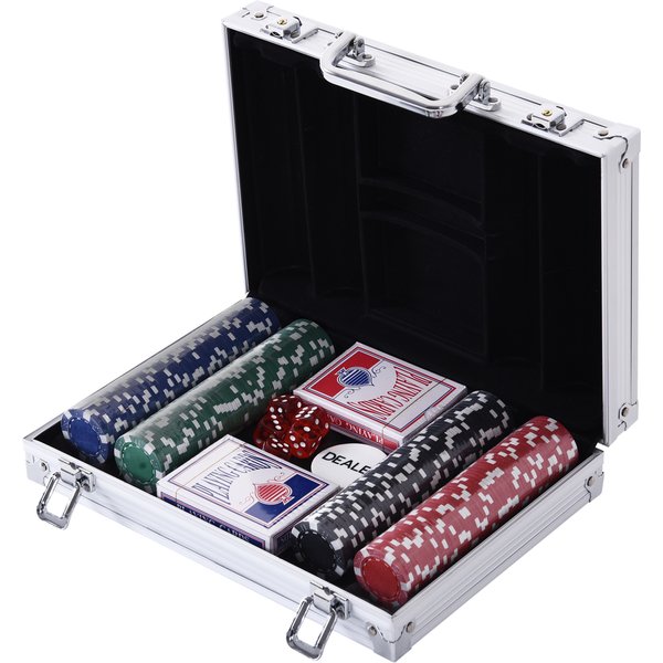 HOMCOM Pokerkoffer mit 200 Pokerchips, 2 Kartenspielen & 5 Würfeln im Alukoffer, 29,5x20,5x6,5 cm, ideal für Spieleabende Aosom.de