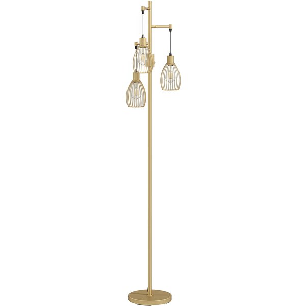 HOMCOM 170.5cm Industrial Dimmable Standing Lamp, 3-Light Floor Lamp with Steel Wire Cage Lampshades, Gold Tone