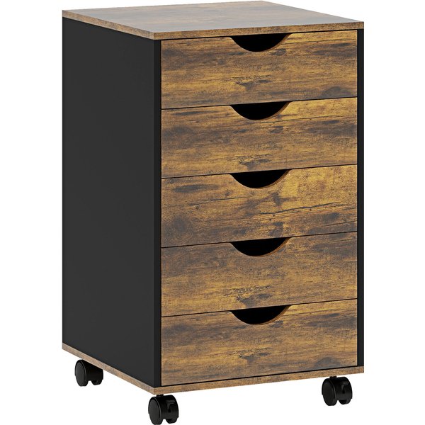 Homcom Caisson Bureau Mobile, Meuble Rangement Sur Roulettes Avec 5 Tiroirs, Bois, 40 X 40 X 67 Cm, Marron-image