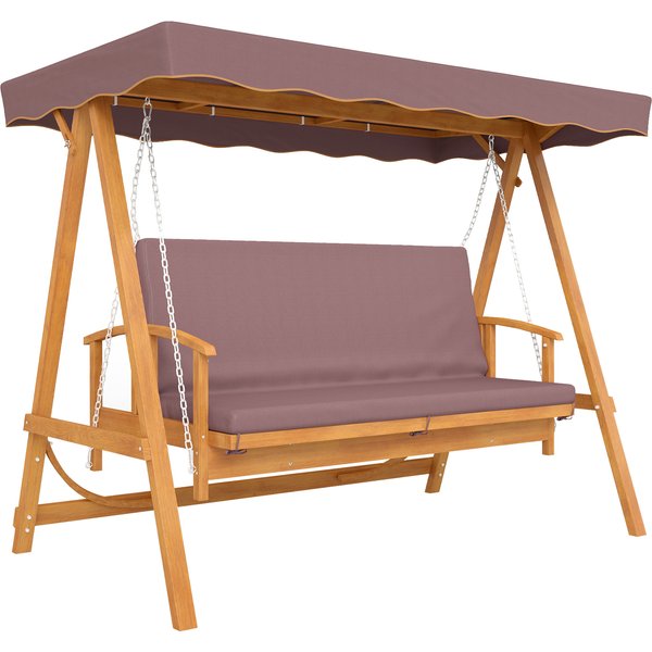 Outsunny 2 in 1 Hollywoodschaukel mit Liegefunktion, 3-Sitzer Gartenschaukel aus Holz, Holzschaukel mit Sonnendach Sitzauflage, Schaukelbank bis 330kg, für Garten, Terrasse, 236x130x181 cm, Braun Aosom