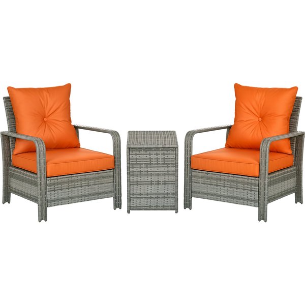 Outsunny 3 pcs PE Rattan Wicker Garden Furniture Patio Bistro Set Weave Conservatory Sofa Storage Table and Chairs Set Orange Cushion, Mixed Grey