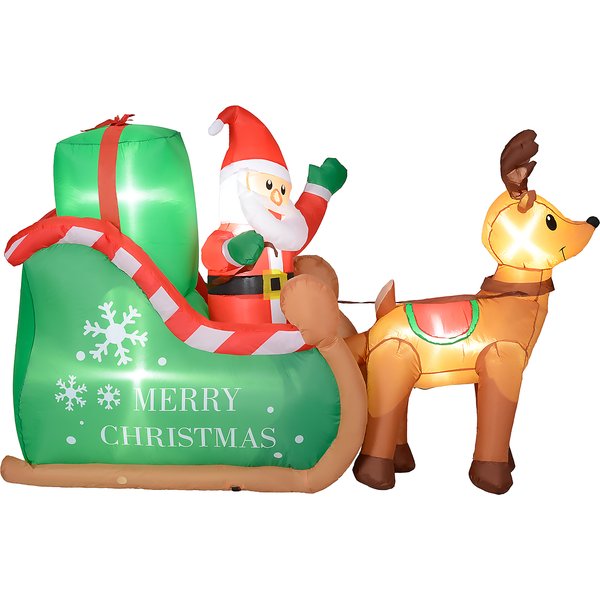 Outsunny Aufblasbar Weihnachtsdeko, 2,1 m Weihnachtsmann mit Schlitten & Rentier, LED-Beleuchtung, Selbstaufblasende Weihnachtsbeleuchtung für Innen- und Außenbereich Aosom