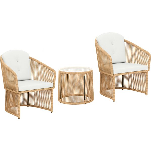 Outsunny Salon De Jardin ExtéRieur En RéSine TresséE 2 Personnes, Table De Jardin ExtéRieure Avec 2 Chaises Avec Coussins, CrèMe-image