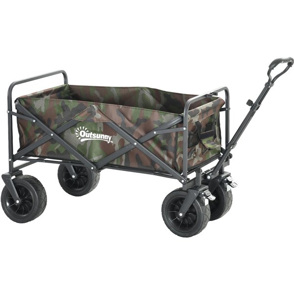Outsunny Folding Garden Trolley, Outdoor Wagon Cart with Carry Bag, for Beach, Camping, Festival, 100KG Capacity, Camouflage