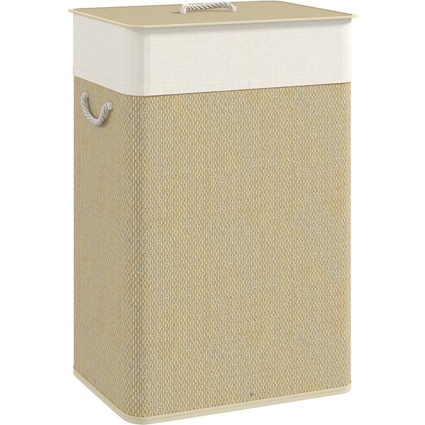 Homcom Panier à Linge En Bambou Avec Couvercle 72 L Collecteur à Linge Avec PoignéEs En Bambou, Sac à Linge Amovible Naturel-image