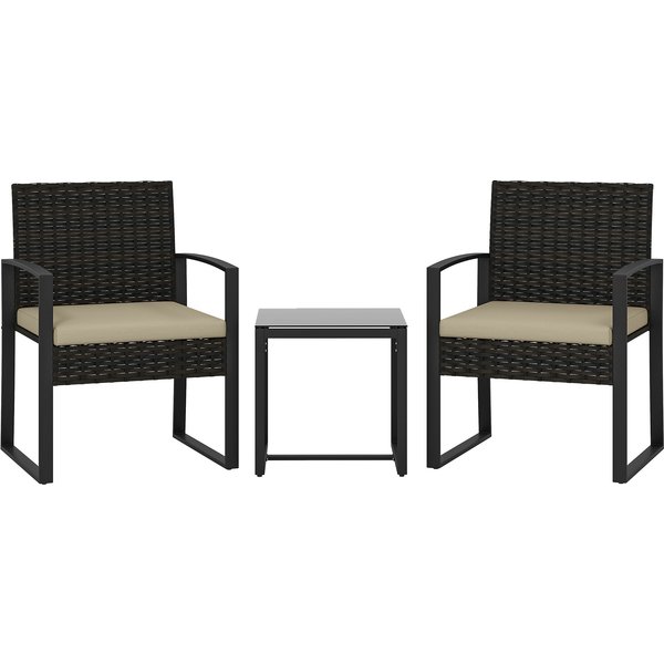Outsunny Salon De Jardin ExtéRieur En RéSine TresséE 2 Personnes, Table De Jardin Avec 2 Chaises, Plateau En Verre Trempé, Marron-image