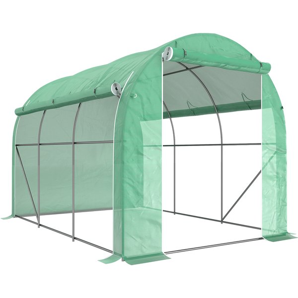 Outsunny Serre Tunnel De Jardin 6 M² 3 X 2 M Avec 1 Porte + 2 Parois LatéRales ZippéEs Enroulables, 6 FenêTres, Vert-image