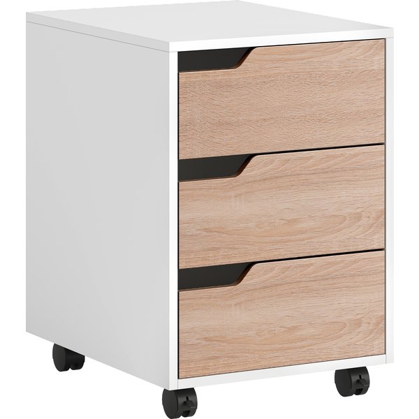 HOMCOM Rollcontainer, Aktenschrank, Bürocontainer mit 3 Schubladen, Büroschrank, Aufbewahrung, Container,4 Universalräder, MDF, Natur+Weiß Aosom