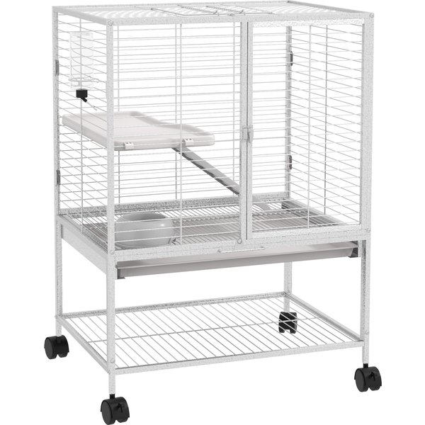 Pawhut Cage Pour Petits Animaux Sur Roulettes 2 Niveaux Avec 2 Portes, 1 Rampe, 1 éTagèRe De Rangement 61,5 X 44,5 X 86 Cm Gris-image