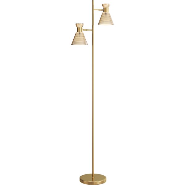 Homcom Lampadaire Sur Pied Salon à Double TêTe RéGlable, Lampe Sur Pied, Abat-Jour En Verre Floral, 42 X 25 X 165 Cm, Doré-image