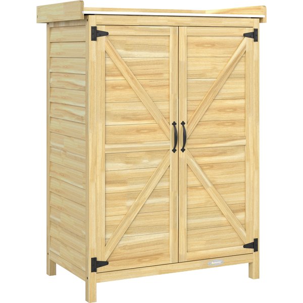 Outsunny Armoire De Jardin, Armoire ExtéRieure De Rangement En Bois, Plan De Travail En MéTal Galvanisé, 71,5X39X95Cm, Naturel-image