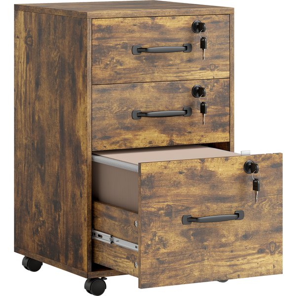 Homcom Caisson De Bureau Mobile Avec 3 Tiroirs Verrouillables, Caisson De Rangement Sur Roulettes, 40 X 40 X 69,5 Cm, Marron-image