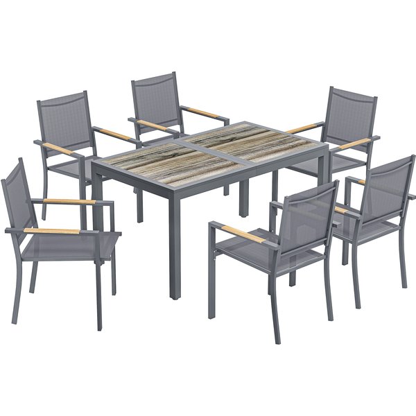 Outsunny Ensemble De Salle à Manger ExtéRieur Pour 6 Personnes, Table Et Chaises, Chaises Empilables En Maille Et Table En Faux Bois, Gris Foncé-image