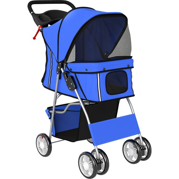 Pawhut Poussette Buggy Pliable Animaux Chariot Pliante Chien Chat Porte-Gobelet Panier De Rangement 75 X 45 X 97 Cm Bleu-image