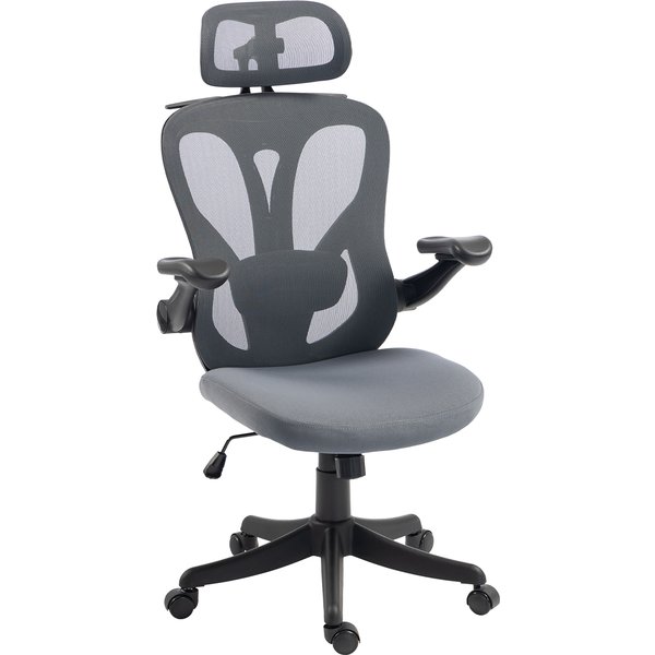 Homcom Chaise Bureau Ergonomique Avec Accoudoirs 3D Et Appui-TêTe RéGlable, Fauteuil De Bureau En Maille, Gris-image