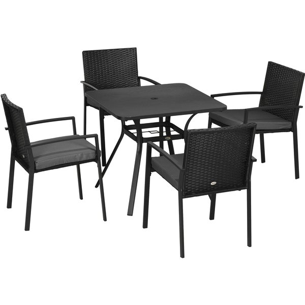 Outsunny 4 Seater Rattan Garden Furniture Set 5 Pieces Outdoor Dining Set with Cushions, Umbrella Hole - Black
