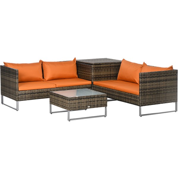Outsunny 4pc Patio Furniture Set, Rattan Wicker Outdoor Corner Sofa Set with Love Seat, Table, Cushions, Orange Aosom UK