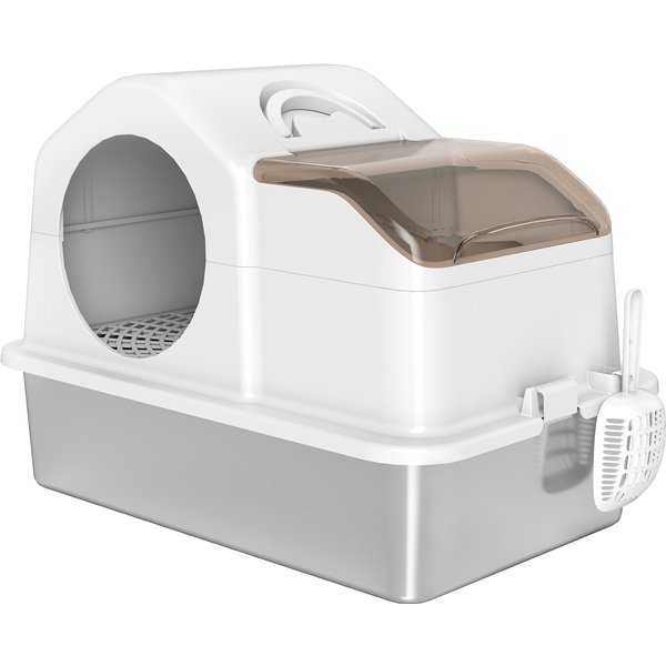 Pawhut Maison De Toilette Pour Chat Avec Couvercle Amovible, Bac à LitièRe Chat Fermé CôTéS Hauts, 60,5X40,5X42Cm, Blanc-image