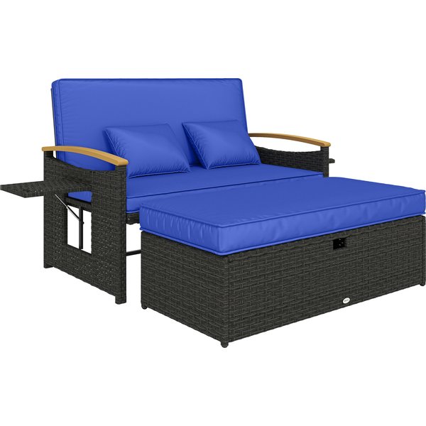 Outsunny Double Garden Rattan Daybed, Wicker Sun Bed Chaise Lounger with Storage Ottoman, 4-Level Adjustable Backrest, Brown