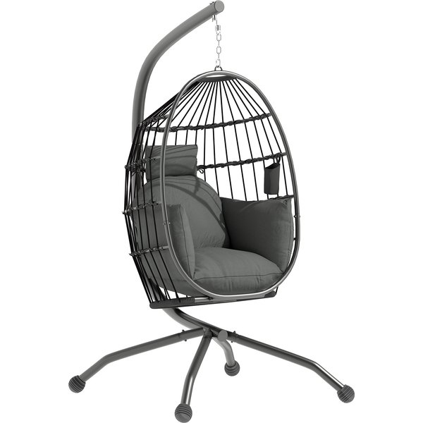 Outsunny Fauteuil Suspendu, Fauteuil Oeuf Suspendu Panier Pliable, Coussin Rembourré, Porte-Gobelet, 120X88X192Cm, Gris Foncé-image