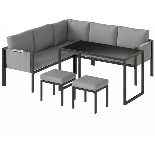 Outsunny Salon De Jardin Canapé D'angle ExtéRieur 6 PièCes Coussins 10Cm Table Haute Et 2 Repose-Pieds Gris-image