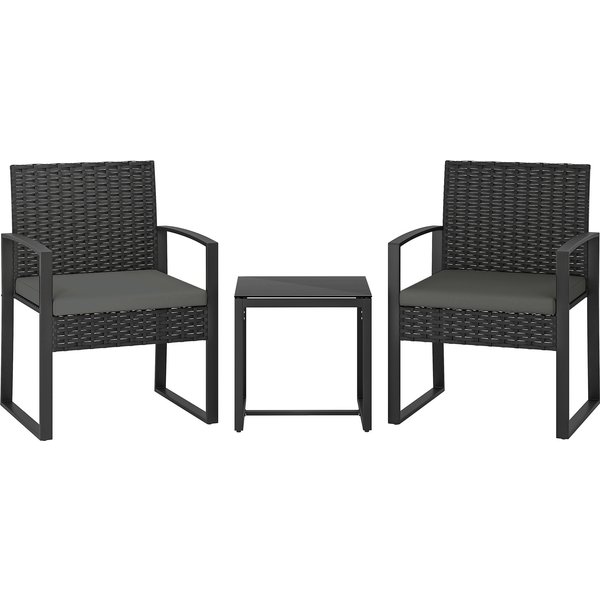 Outsunny Rattan Bistro Set, 3 Piece Garden Furniture Set with Glass Top Table and Cushions, Dark Grey