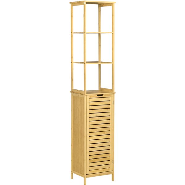 kleankin Badschrank Bambus, 34 x 30 x 173 cm, mit 3 offenen Fächer und 1 Schrank, Kippschutz, Grifföffnung, Freistehender, kleine Räume, Natur Aosom