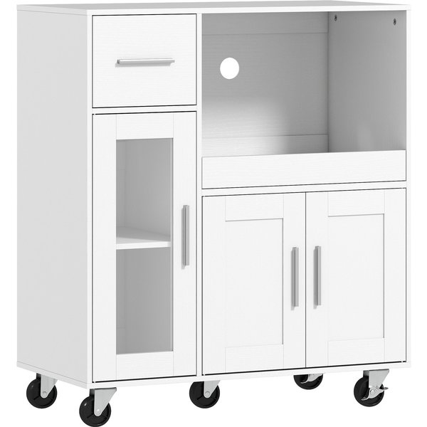 HOMCOM Küchenschrank auf Rädern Sideboard, Mikrowellenschrank mit Ausziehbarem Tablett, Schublade, Verstellbare Ablagen, Aufbewahrungsschrank für Küche, Wohnzimmer, Esszimmer, Weiß Aosom