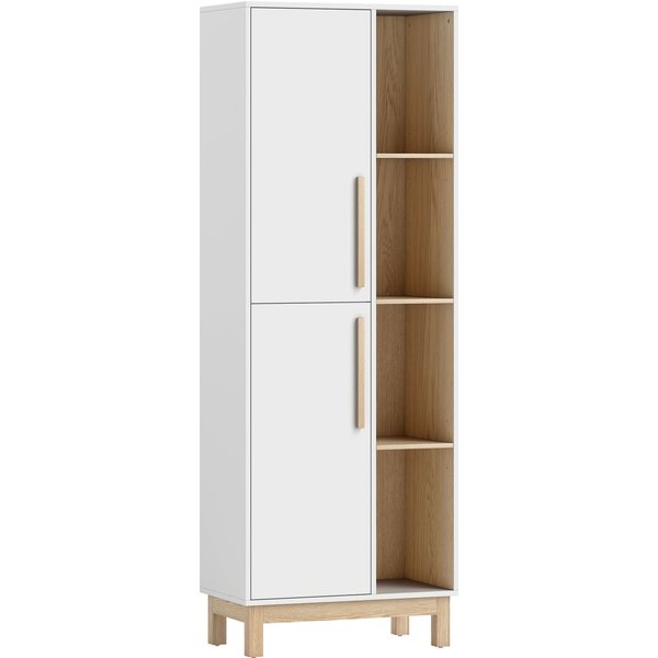 HOMCOM Bücherregal mit 2 Türen Standregal mit 4 Offenen Ebenen, Verstellbaren Ablagen, Bücherschrank für Wohnzimmer, Schlafzimmer, Büro, 62,5 x 35 x 176 cm, Weiß Aosom