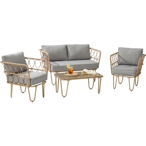 Outsunny Ensemble Salon De Jardin Canapé 2 Places + 2 Fauteuils + 1 Table Basse Plateau Verre Trempé 7 Coussins Beige-image