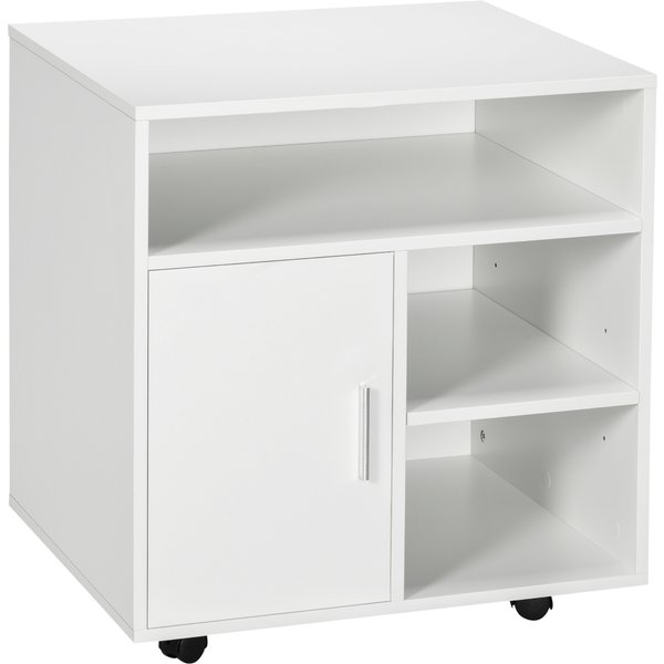 Homcom Caisson De Bureau à Roulettes Classeur LatéRal Mobile Imprimante Bois Avec éTagèRes De Rangement Ouvertes Et RéGlabes 60 X 50 X 65,5 Cm Blanc-image