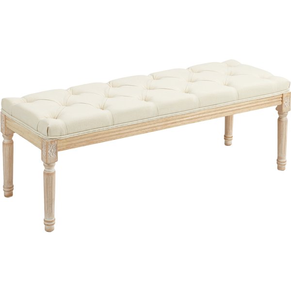 Homcom Banc Banquette Classique Capitonné 115Cm Bout De Lit RembourréE En Lin - Bois D'héVéA Sculpté, Patiné - CrèMe-image